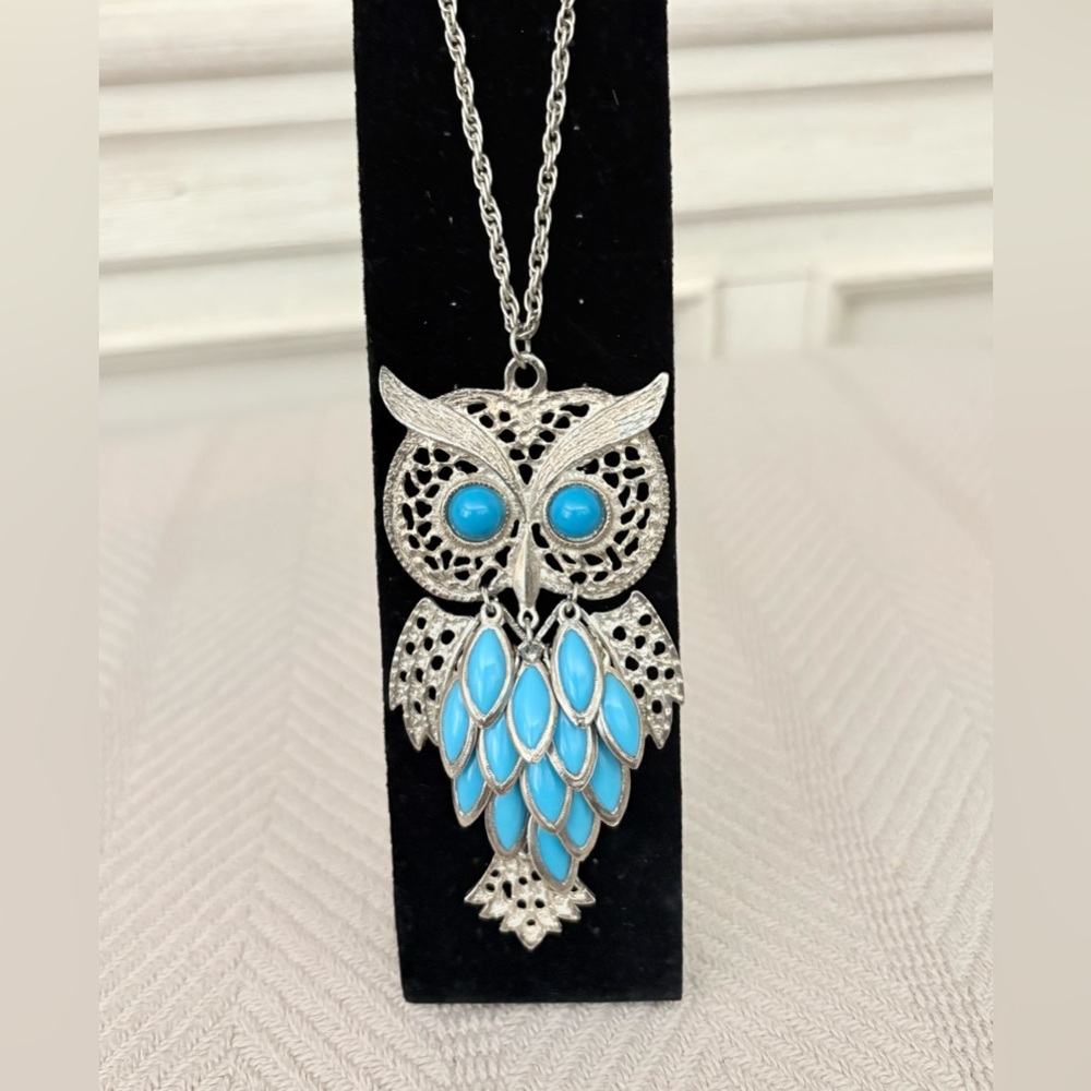 Vintage Silver & Turquoise Blue Owl Pendant Necklace 16” long